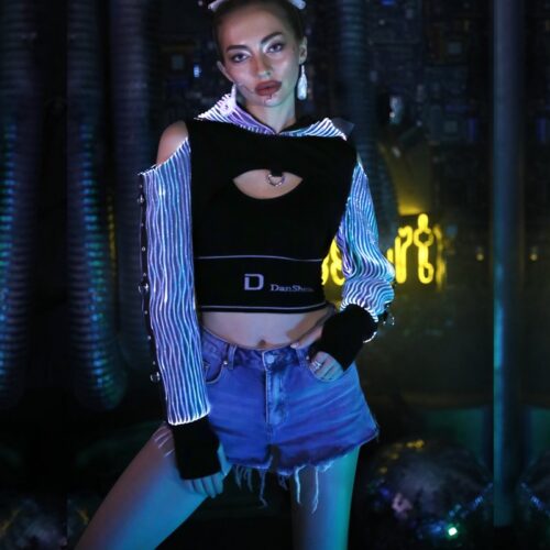 Punk Rock Clothing, Luminous Cyberpuk Female High Top Hoodie - Lumisonata